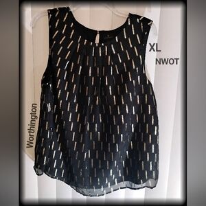 WORTHINGTON XL gorgeous black w gold & silver metallic Lined Blouse NWOT